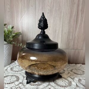 Amber Crackled Glass Apothecary Jar with Ornate Black Lid and Base